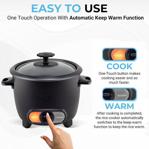 8-Cup Courant Rice Cooker (Cooked), Removable Non-Stick Bowl, One Touch Rice Cooker, Black