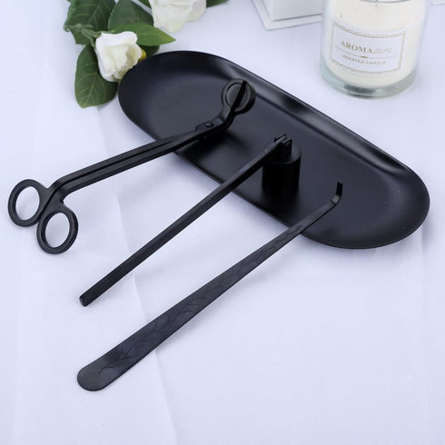 MUXSAM 4 in 1 Candle Accessory Set - Wick Trimmer, Dipper, Snuffer, Storage Tray, Candle Care Tools (Black)