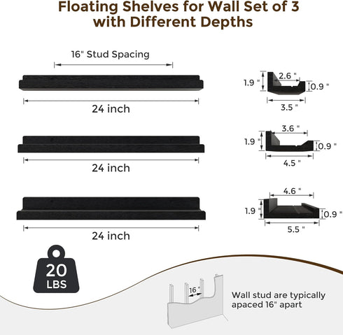 24 inch Set 3, RICHFOCUS Floating Shelves for Wall, Solid Wood Picture Ledge Shelf for Wall Storage, Nursery Book