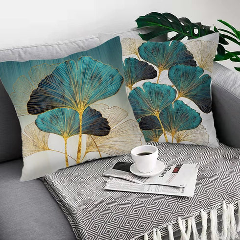 Throw Pillow Cover Green Plant Leaves, 18 x 18 Inch Teal Cushion Cover, Set of 2 Turquoise Ginkgo Leaf Case