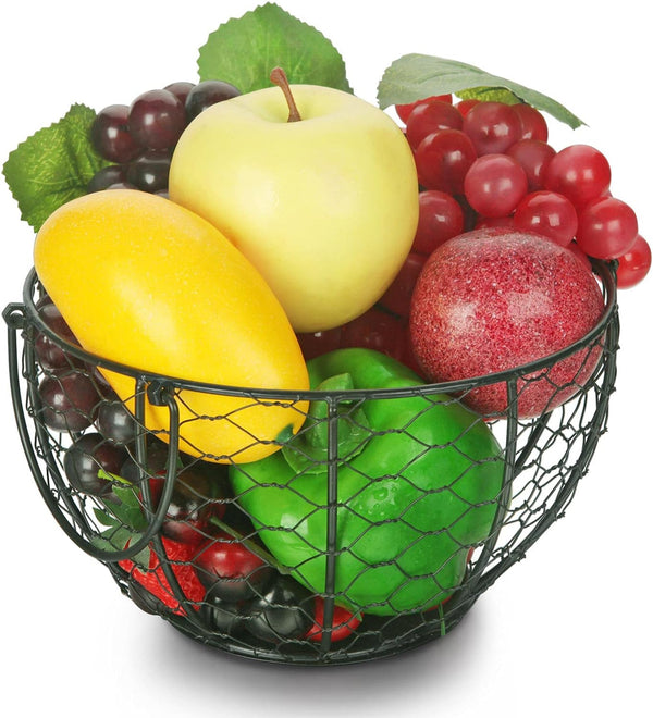 Round Wire Basket Black - Fruit Basket Bowl with Handle for Kitchen Storage of Vegetables and Snacks