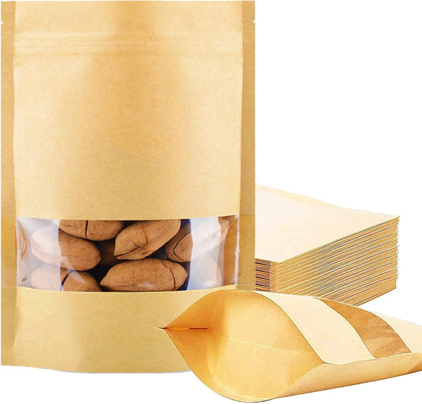 100 Pcs Resealable Stand Up Kraft Paper Bags with Window for Packaging Products, Zip Lock Food Storage