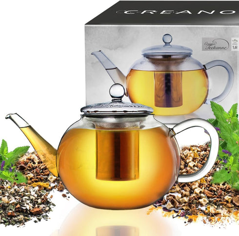 Creano Glass Teapot 54oz (1600ml) with Integrated Stainless Steel Infuser and Glass Lid for Loose Teas