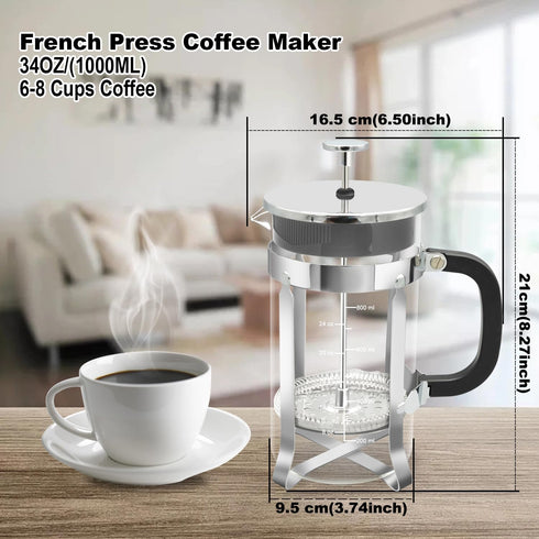 French Press Coffee Maker, 34oz 304 Stainless Steel with 2 Filters, Heat Resistant Borosilicate Glass, BPA Free