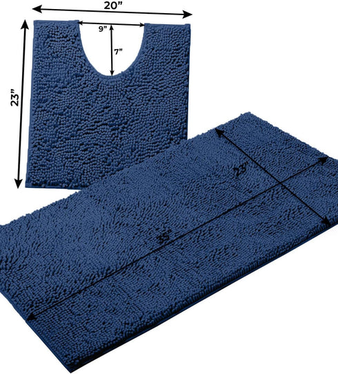 Luxury Blue Bathroom Rugs - 2-Piece Set, Soft Plush Anti-Slip Bath Rug + U-Shaped Toilet Mat, Blue