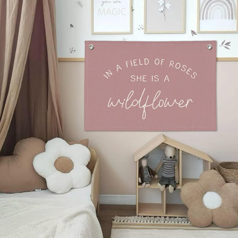 Wheatwin Girls Room Decor, Wildflower Nursery Decor, In a Field Full of Roses She Is a Wildflower Banner, Pink Linen