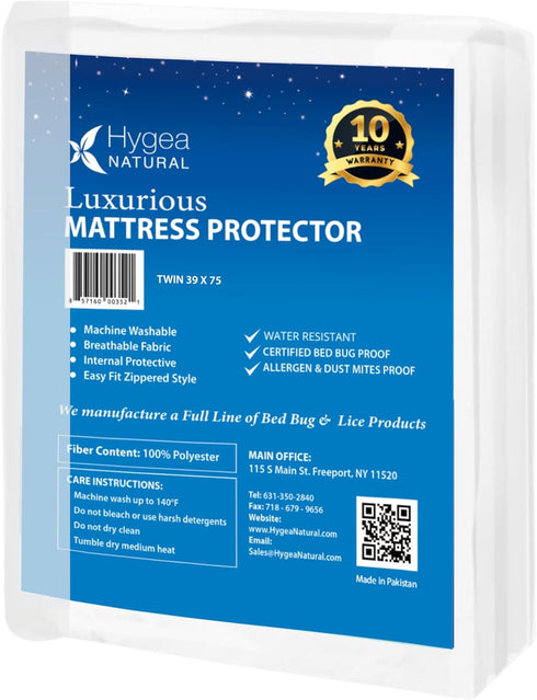 39" 75" 9 15"), Hygea Natural Luxurious Twin Size Mattress Cover, Water-Resistant, Hypoallergenic Zippered Encasement
