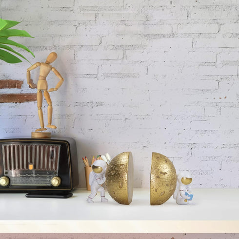Heavy Duty Astronaut Bookends, Space-Themed Book Ends for Kids Room & Nursery Decor, Gold Moon Book Stoppers to Hold