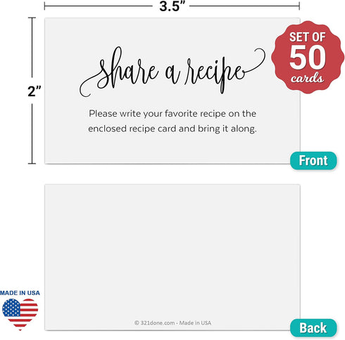 321Done Request a Recipe Card, Made in USA - 3.5x2 White, Modern Script - Little Share a Recipe Insert Card for Bridal Shower Game, Keepsake, Heavy Cardstock, Matching Recipe Cards - Set of 50