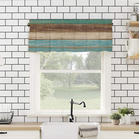 Rustic Farmhouse Valances Curtains for Kitchen Windows, Retro Wood Rod Pocket Curtain Toppers, Teal Green Brown