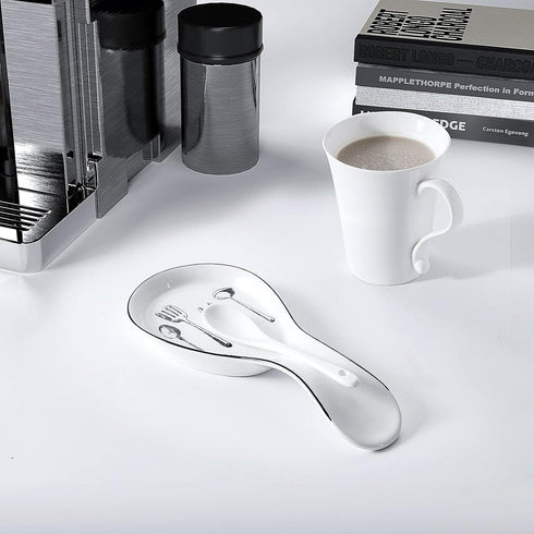 Large Porcelain Spoon Rest, Utensil Holder for Kitchen Counter, Stove Top, Dishwasher Safe, White Color