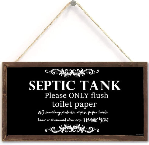Bathroom Quote Wood Sign-Septic Tank Sign Hanging Signs 10 X 5 Inch, Toilet Rule Wooden Plaque for Restroom Door Decor