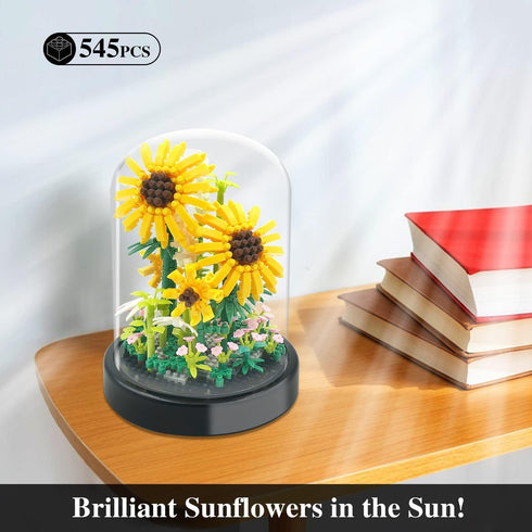 JESGO 2 Flowers Bouquet Sunflowers - Rose Building Kit, Creative Bonsai Tree Succulents Plant Blocks with LED Light
