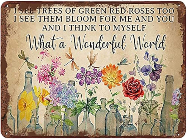 Dragonfly What A Wonderful World Flowers - Funny Metal Tin Sign Wall Decor, Retro Tin Sign Vase Flowers Poster