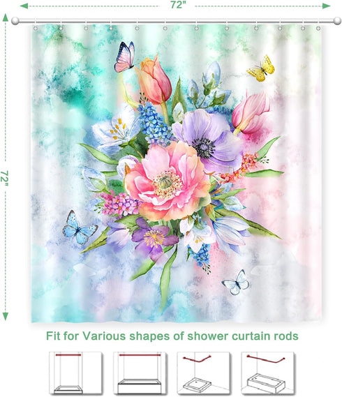 Floral Shower Curtain Set, Summer Blooming Flowers, Waterproof Polyester Fabric, Machine Washable Bath Curtain