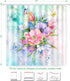 Floral Shower Curtain Set, Summer Blooming Flowers, Waterproof Polyester Fabric, Machine Washable Bath Curtain