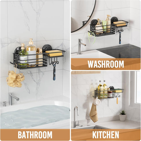 LEVERLOC Shower Caddy Suction Cup with Hooks and Soap Holder, No-Drilling Bathroom Organizer, Black