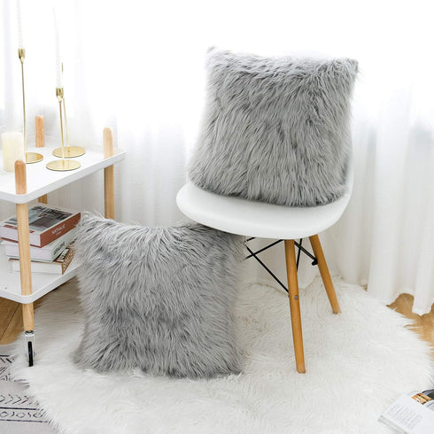 WLNUI Set of 2 Light Grey Decorative Pillow Covers, Luxury Merino Style Faux Fur Fluffy Cushion Case
