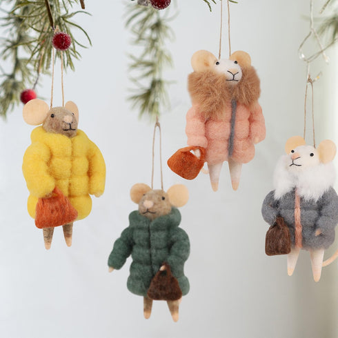 Set of 4 Christmas Felt Mice Ornaments - 4.7" Mini Hanging Wool Mouse Figurines for Holiday Decor