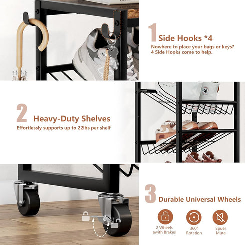 6 6-12 Closet Tier Rotating Shoe Rack Tower with Wheels, Wooden Shoe Storage Organizer with Hooks, Sturdy Metal Narrow