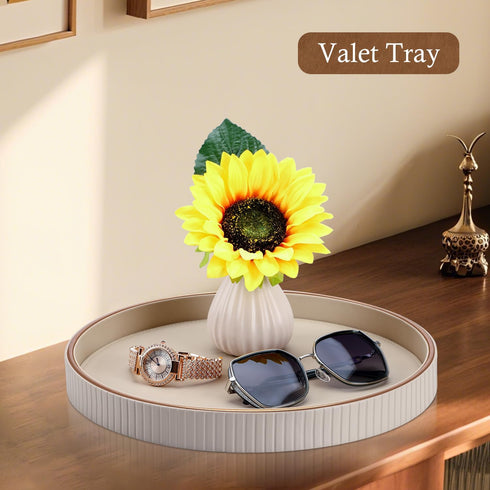 12" GORESE Round Decorative Tray for Coffee Table, PU Leather Compact Serving Tray for Home Decor & Everyday Accents