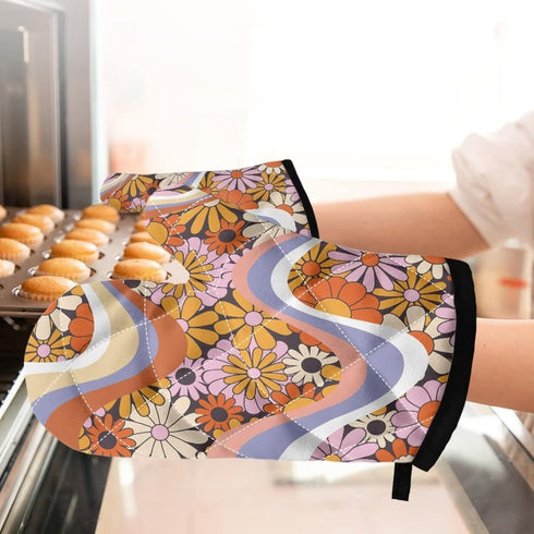 JEOCODY Boho Hippie Daisy Heat Resistant Pot Holders, Thickening Non-Slip Oven Mitts Kitchen Accessories