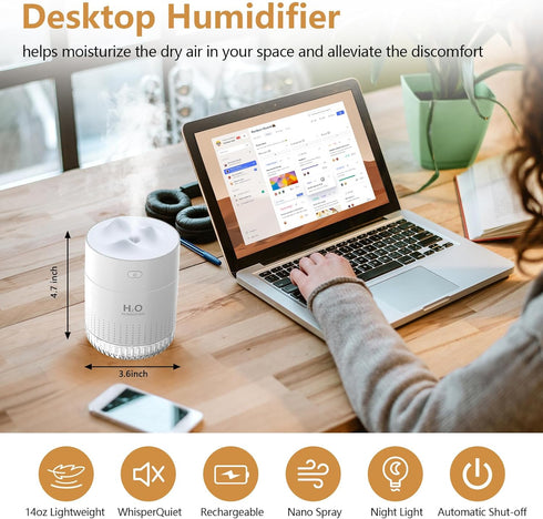 Portable Mini Humidifier For Plants Indoor 500ml Small Cool Mist Humidifier Usb Rechargeable Mini Humidifier For Desk Travel Office Home Nursery Auto Shut-Off 2 Mist Modes With Night Light by HOTBAG
