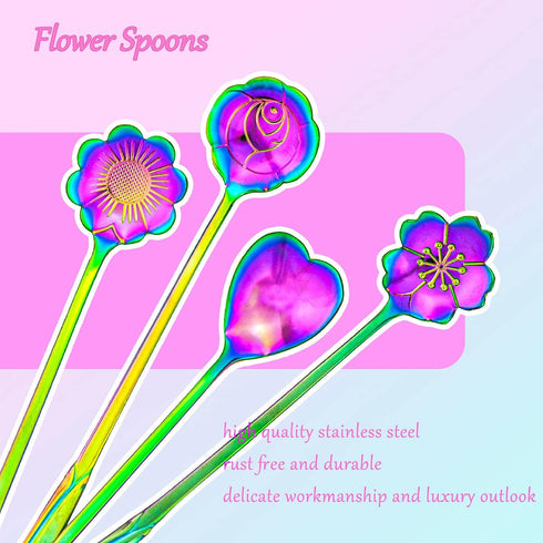 Flower Spoon Set of 4 PCS, LEEFONE 7" Flower Pattern Long Handle Spoon for Tea & Ice Cream