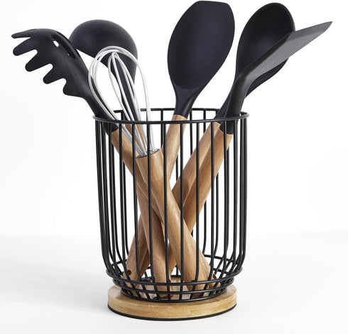 Large Utensil Holder for Kitchen Counter - Farmhouse Utensil Caddy, Spatula Holder (Metal+Bamboo-1)