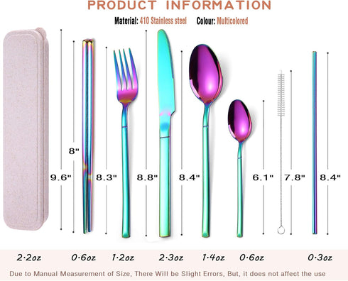 AARAINBOW 7 Pieces Stainless Steel Flatware Set, Portable Reusable Cutlery Set with Knife Fork Spoon Straws