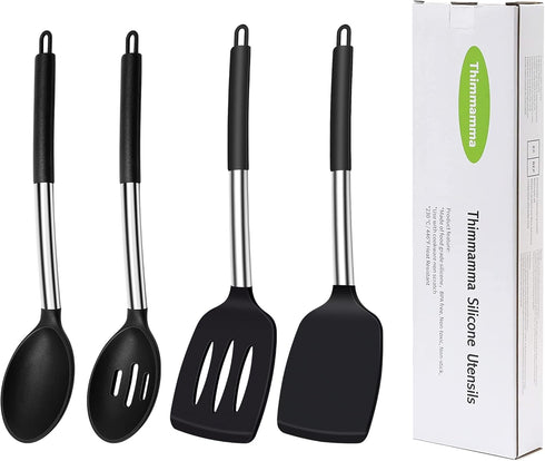 Silicone Spatula Spoon Set, 4 Pack - Solid Turner, Slotted Spatula, and Kitchen Spoons for Cooking and Baking