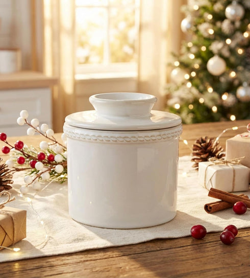 Butter Crock with Lid,Ceramic Butter Crock for Spreadable Soft Butter,Vintage Chain-Rim Design,Home and Kitchen
