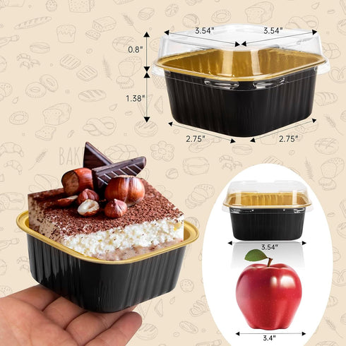 50 Pcs Mini Square Baking Cups with Lids,5oz Aluminum Foil Mini Cake Pans with Lids,Disposable Ramekins Cake Pans,150ml Dessert Cups Cupcake Pans for Wedding Birthday Party,Black Gold by Zycozzn