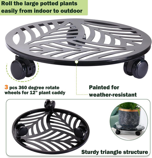 2 Packs 12" Large Metal Plant Caddy with PU Wheels Heavy-Duty Wrought Iron Rolling Plant Stands Indoor Outdoor Wheeled
