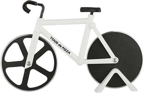 TOUR de PIZZA Bicycle Pizza Cutter - Dual Non-Stick Stainless Steel Cutting Wheels - Dishwasher Safe with Display Stand