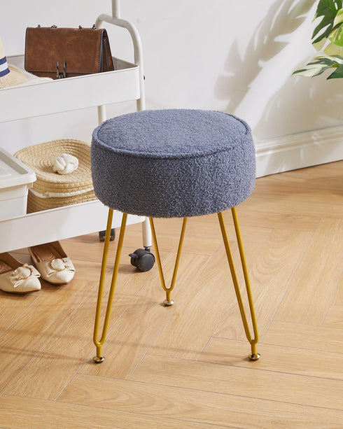 WBD009BU IBUYKE Teddy Velvet Round Footrest Stool Ottoman, Makeup Vanity Stool Side Table, Velvet Dressing Table Seat