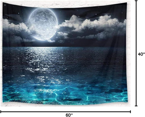 LB Moon Over Ocean Tapestry, Night Sky Wall Hanging, 3D Fantasy Psychedelic Watercolor Art for Bedroom Living Room, 60