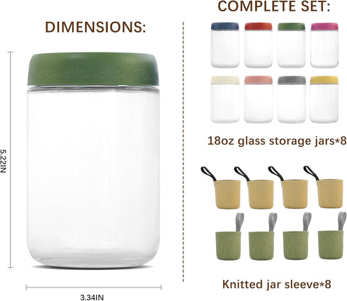 18 OZ 8 Pack (18oz-8 Pack) Overnight Oats Jars with Airtight Lids and Jar Sleeve, Glass Containers for Meal Prep
