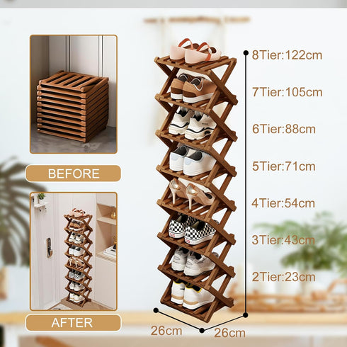 Closet Colors,5 Comeon Bamboo Shoe Rack, Foldable Vertical Shoe Rack for Front Door Entrance Narrow Shoe Organizer