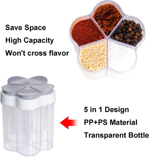 5 in 1 Salt and Pepper Shaker, Portable Travel Spice Container, Seasoning Shaker for Home and Camping