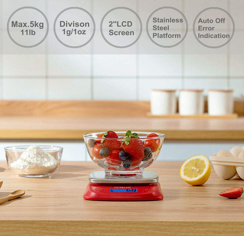 NUTRI FIT Ultra Slim Digital Kitchen Food Scale in Red/Stainless Steel, 1g Increment Measure for Coffee Making