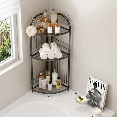 3 Corner Bathroom Shelf Metal Short Corner Stand Shelf Black Small Bathroom Storage Corner Shelf Unit for Toilet Shower