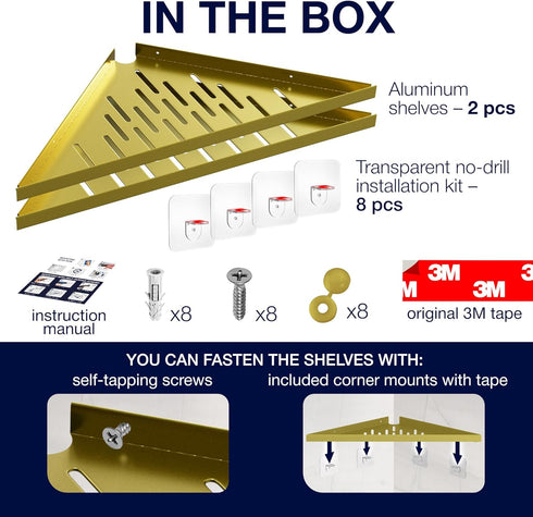 iReef way 14" Corner Shower Shelf for Inside Shower - Adhesive/Stick/Drill/No Drill - Floating Strong Gold Corner