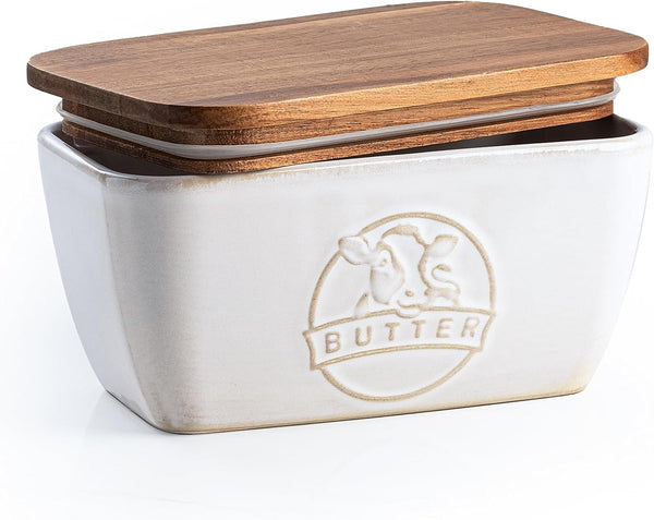Butter Dish with Lid for Countertop, Farmhouse Ceramic Butter Keeper with Acacia