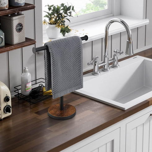 Towel Holder Stand, Countertop Hand Towel Stand for Bathroom and Kitchen, Free Standing Counter Towel Rack with Weighted Wood Base, Rustic Black and Brown by BCOZLUX