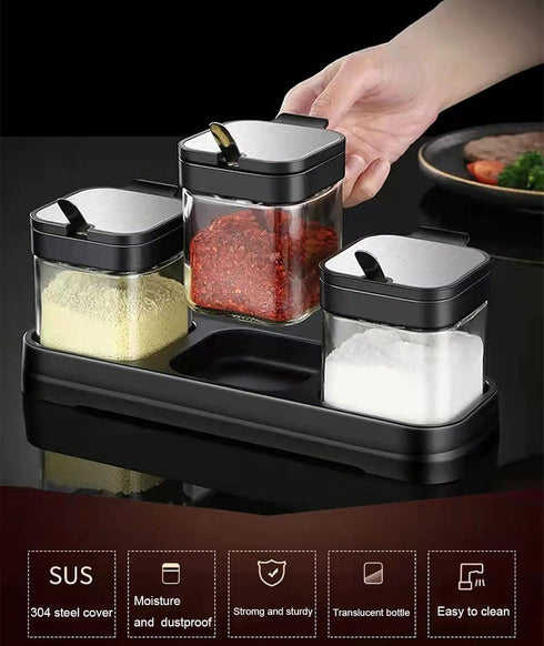 Glass Condiment Jar Spice Container Set with Lids and Spoons, Square Clear Seasoning Bowls for Kitchen Countertop
