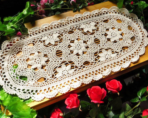 Laivigo Handmade Crochet Lace Oval Lucky Flower Tablecloth Table Runner Doilies, 12x24 Inch, Beige