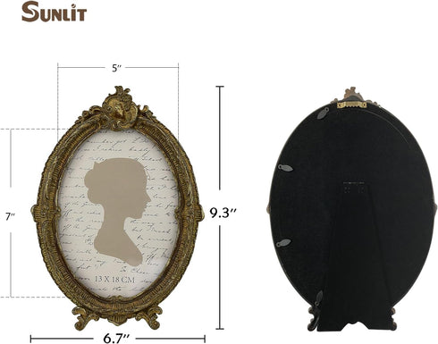Sunlit Vintage Picture Frame, 5x7 Inch Oval Antique Photo Frames with Glass Front, Luxury Display, Brown