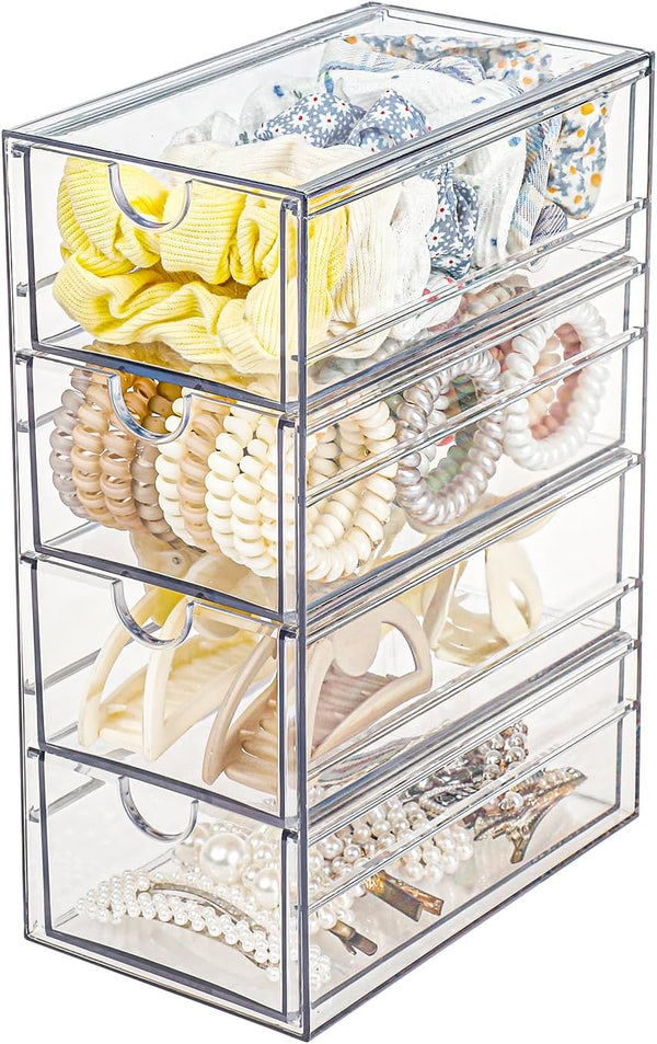 FABROK Clear Hair Accessory Organizer Box - 4 Drawer Compact Storage Set for Cosmetics, Glasses, Stationery, Stackable