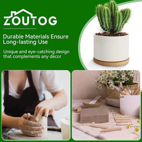 ZOUTOG 4 Inch Ceramic Plant Pot, Pack of 6 White Succulent Pots with Drainage Hole & Bamboo Tray for Home, Office Decor